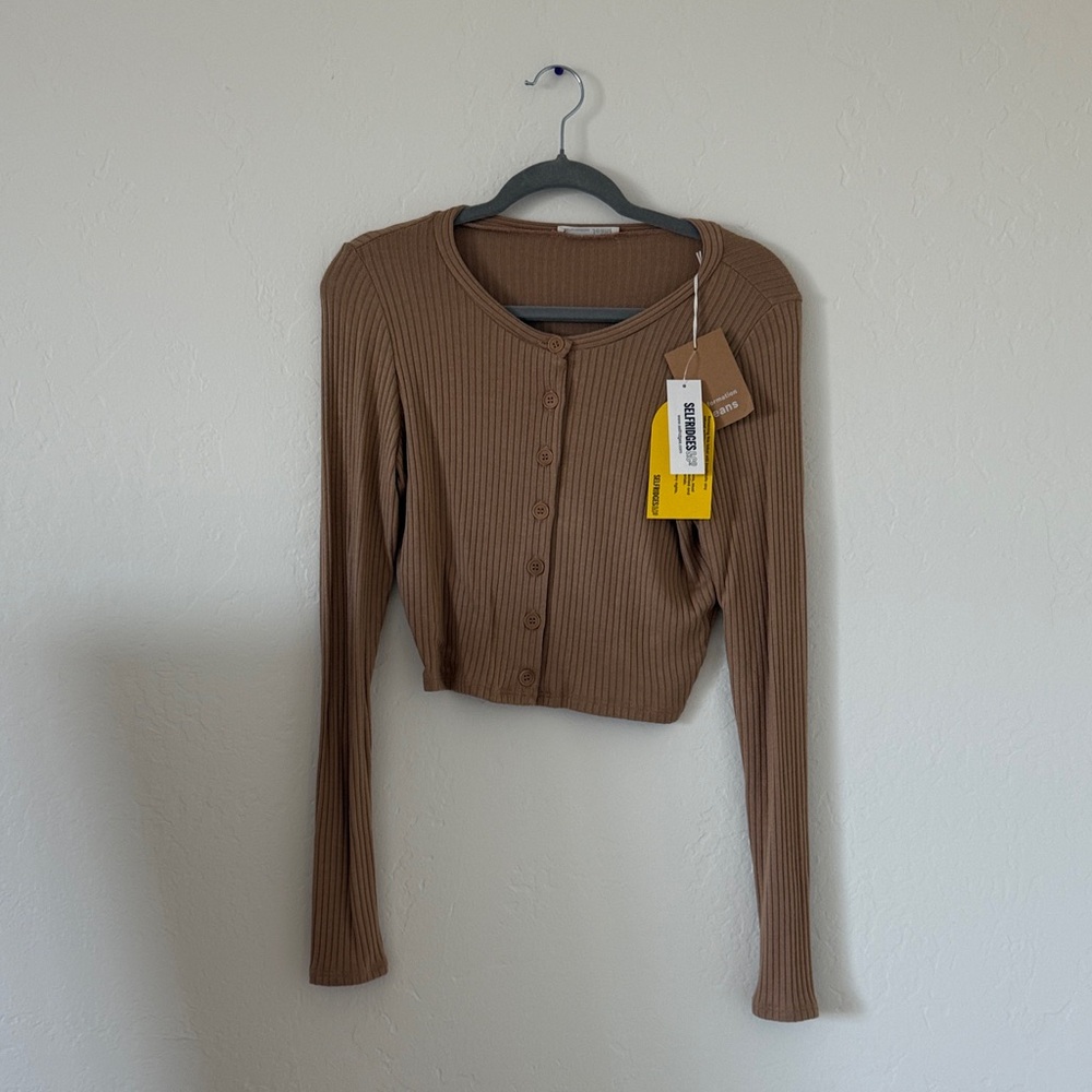 Reformation Ribbed Cropped Button-Up Top in Camel Brown